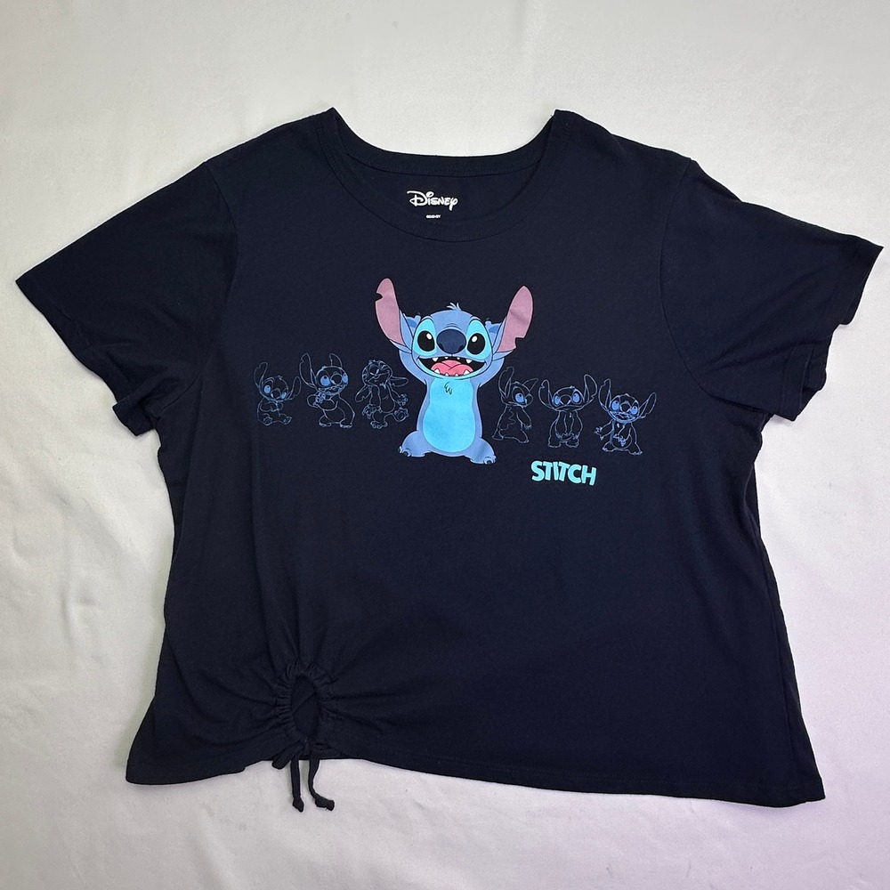 Disney Stitch T-Shirt Navy Blue Side Tie Cinch Graphic Crop Tee Kawaii Ohana Y2K